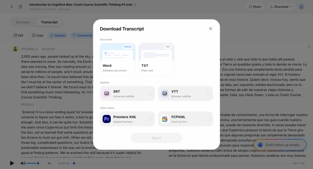 Clipto export transcript interface