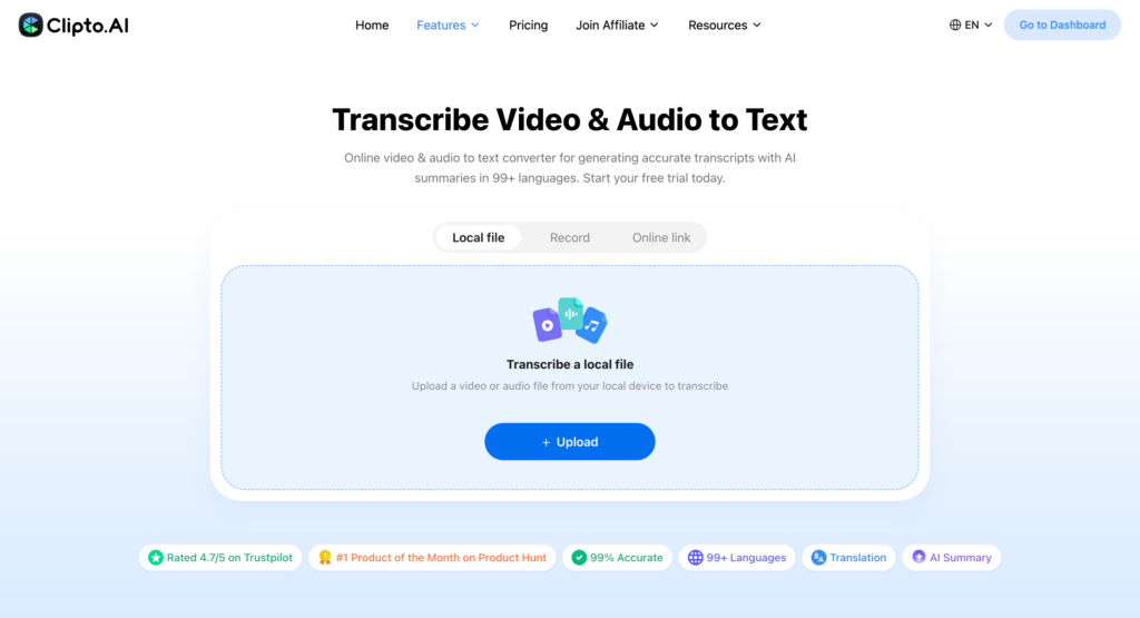 Clipto Transcribe Video Audio to Text