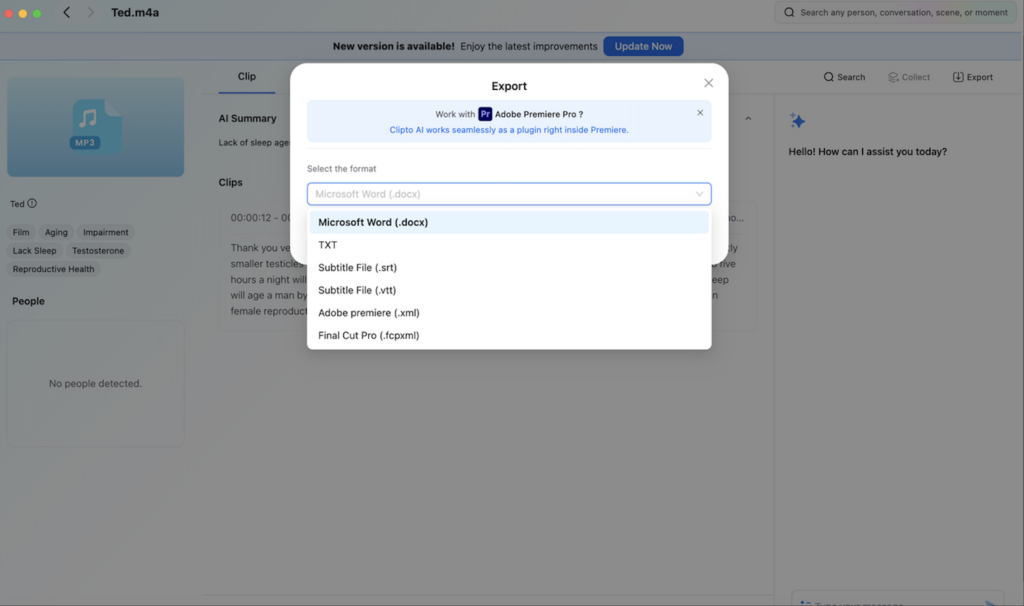 Clipto Mac export transcript