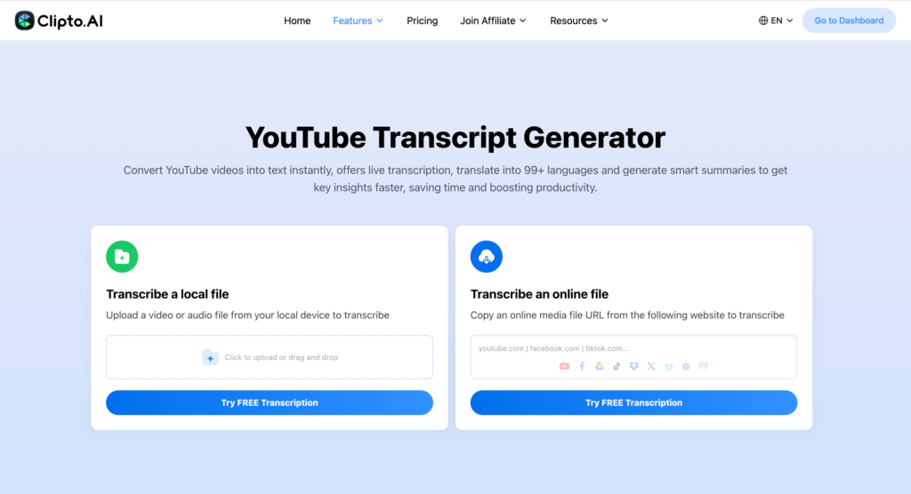 interface-transcribe-youtube Clipto YouTube Transcript Generator