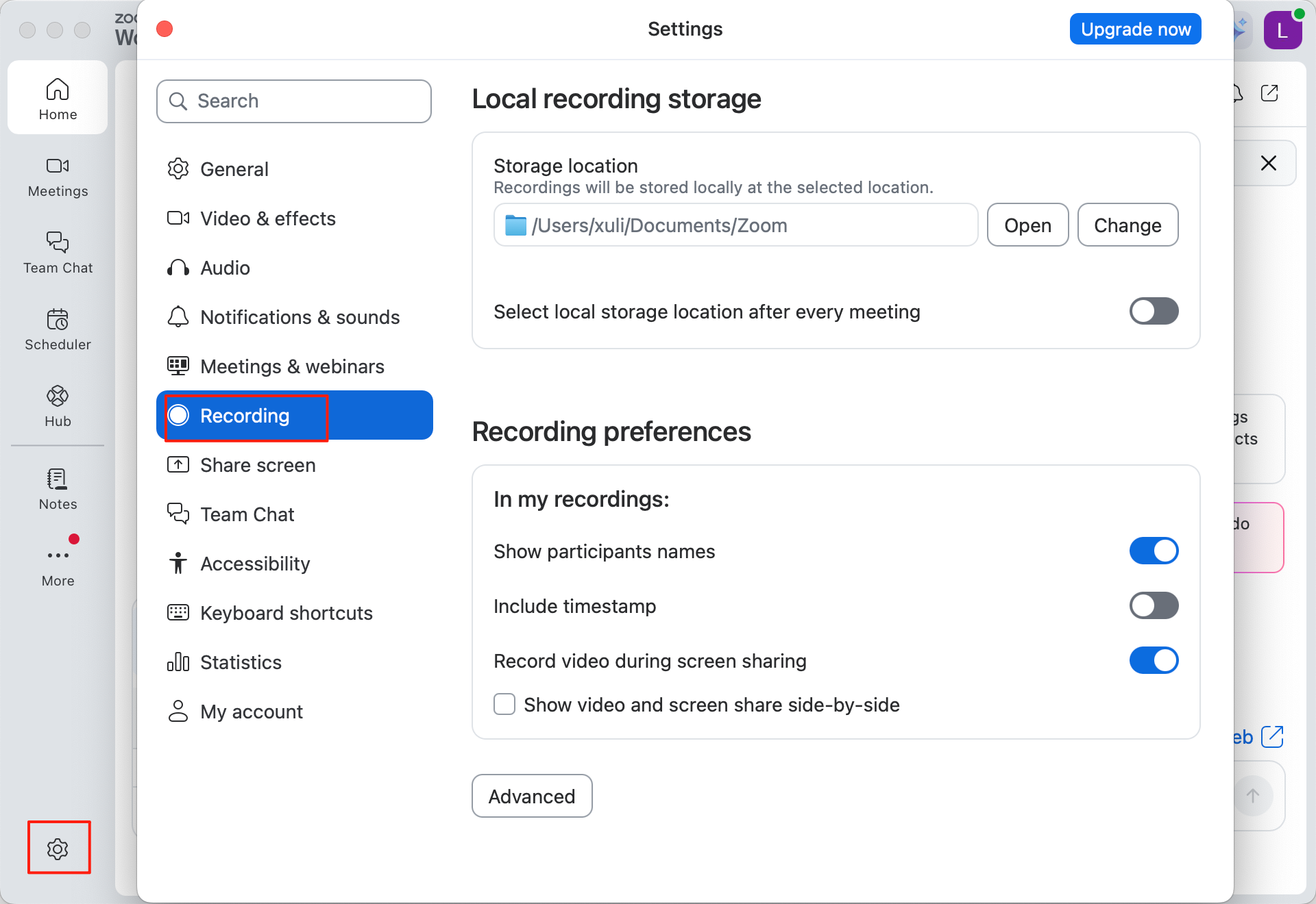 Zoom recording settings